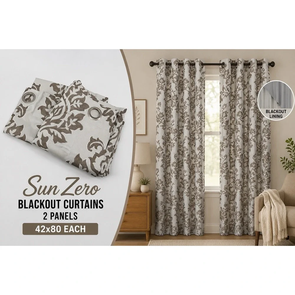 Sun Zero Blackout Curtains 84x80 Set of 2 Panels Taupe Brown Damask Thermal